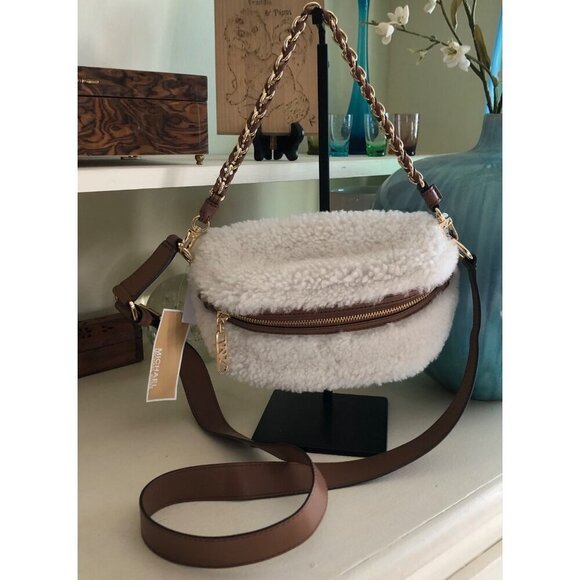 NWT MICHAEL KORS Sling Sherpa Gold Chain Messenger Handbag with Leather Trim - Picture 2 of 12